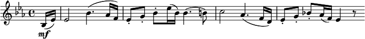 { \relative bes { \key es \major \time 4/4
\partial 8 bes16( \mf es) | es2 bes'4.( as16 f) | es8-. g-. bes-. es16( bes) bes4.( b8) |
c2 as4.( f16 d) | es8-. g-. bes!-. as16( f) es4 r8}} 