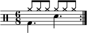 
   \new Staff <<
       \new voice \relative c' {
           \clef percussion
           \numericTimeSignature
           \time 6/8
           \set Score.tempoHideNote = ##t \tempo 4. = 80
           \stemDown \repeat volta 2 { g4. d' }
       }
       \new voice \relative c'' {
           \override NoteHead.style = #'cross
           \stemUp \repeat volta 2 { a8 a a a a a }
       }
   >>