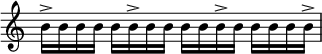 
 {
\override Score.TimeSignature #'stencil = ##f
    \relative c'' {

        b16-> b b b  b b-> b b  b b b-> b  b b b b->
    }

}
