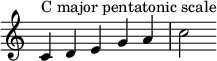 
{
\override Score.TimeSignature #'stencil = ##f
\relative c' {
  \clef treble \key c \major \time 5/4
  c4^\markup { "C major pentatonic scale" } d e g a c2
} }
