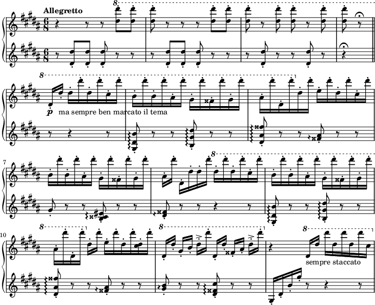 
 \new PianoStaff <<
  \new Staff {
   \tempo "Allegretto"
   \clef treble \time 6/8 \key gis \minor
   \relative d''' {
    r r8 r8 \ottava #1 <dis dis'>-. <dis dis'>-.
    <dis dis'>-. r r r <dis dis'>-. <dis dis'>-.
    <dis dis'>-. r <dis dis'>-. <dis dis'>-. r <dis dis'>-.
    <dis dis'>-. r \fermata \bar "||"
      dis,16-. \p dis'-. -"ma sempre ben marcato il tema" dis-. dis'-. dis,-. dis'-. cis,-. dis'-.
    b,16-. dis'-. b,-. dis'-. ais,-. dis'-. gis,,-. dis''-. fisis,,-. dis''-. gis,,-. dis''-.
    ais,-. dis'-. dis,,-. dis''-. \ottava #0 dis,,-. dis'-. e,-. dis'-. dis,-. dis'-. cis,-. dis'-.
    b,16-. dis'-. b,-. dis'-. ais,-. dis'-. gis,,-. dis''-. fisis,,-. dis''-. gis,,-. dis''-.
    ais,-.[ dis'-.] dis,,-. dis'-. dis-. dis'-. \ottava #1 dis-. dis'-. dis,-. dis'-. cis,-. dis'-.
    b,16-. dis'-. b,-. dis'-. ais,-. dis'-. gis,,-. dis''-. fisis,,-. dis''-. gis,,-. dis''-.
    ais,-. dis'-. dis,,-. dis''-. \ottava #0 dis,,-.[ dis'-.] e,-. dis'-. dis,-. dis'-. <cis, dis-.> dis'-.
    \ottava #1 dis,-.[ dis'-.] gis,-.[ b-.] dis-.->[ dis'-.]
    dis,,-.[ dis'-.] fisis,-.[ ais-.] dis-.->[ dis'-.]
    \ottava #0 r4 \ottava #1 dis=''16 -"sempre staccato" dis' dis' dis, dis' dis, dis' cis,
   }
  }
  \new Staff {
   \clef bass \time 6/8 \key gis \minor
   \relative d' {
    \clef treble
    r8 <dis dis'>-. <dis dis'>-. <dis dis'>-. r r
    r <dis dis'>-. <dis dis'>-. <dis dis'>-. r r
    r <dis dis'>-. r r <dis dis'>-. r
    r4 \fermata \bar "||" r8 r4 r8
    <gis= dis' b'>8-.\arpeggio r r <b= gis' dis'>-.\arpeggio r r
    <dis=' ais' fisis'>-.\arpeggio r r <fisis=' ais>-.\arpeggio r r
    gis-. r r <b= cisis eis>-.\arpeggio r r
    <dis fisis>-.\arpeggio r r r4 r8
    <gis= dis' b'>8-.\arpeggio r r <b= gis' dis'>-.\arpeggio r r
    <dis=' ais' fisis'>-.\arpeggio r r <fisis=' ais>-.\arpeggio r r
    <gis b>-.\arpeggio r r <dis=' fisis cis'>-.\arpeggio r r
    gis=16-. dis'-. b'-. gis'-. r8 r4 r8
   }
  }
 >>
