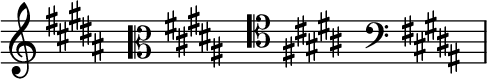 { \new Staff \with{ \magnifyStaff #3/2 } << \time 4/16 \override Score.TimeSignature #'stencil = ##f { \clef treble \key b \major s16 \clef alto \key b \major s16 \clef tenor \key b \major s16 \clef bass \key b \major s16 } >> }