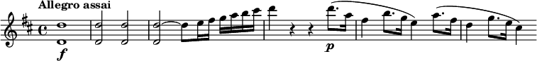 
\relative c'' {
  \version "2.18.2"
  \tempo "Allegro assai"
  \key d \major
  \time 4/4
  \tempo 4 = 140
  <d d,>1\f |
  q2 q |
  <d~ d,>2 d8 e16 fis g a b cis |
  d4 r r d8.(\p a16 |
  fis4 b8. g16 e4) a8.( fis16 |
  d4 g8. e16 cis4)
}
