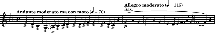 {
 \key c \minor \tempo "Andante moderato ma con moto" 4=70 \time 4/4 \relative c' {
ees2-> d4-> bes->| g4.-> a8-> bes4-> c8-> d8->| ees4-> d8-> ees8-> f4-> g4->| ees4.-> d8-> c4-> r4|
\tempo "Allegro moderato" 4 = 116
g'2\p^"Sax."\(  aes4 g4 c2 bes4 g4 ees4 d8 ees8 f4. \grace aes16 g8 f2( f4)\) r4
 }
}