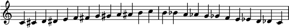 
{
  \new Staff \with { \remove "Time_signature_engraver" }
  \relative c' { \time 13/4
c cis d dis e f fis g gis a ais b c b bes a aes g ges f e es d des c \bar "|" }
}
