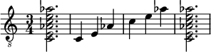  {
\clef "treble_8"
\time 3/4
<c e aes c' e' aes'>2.
<c >4
<e >4
<aes  >4
<c' >4
<e' >4
<aes' >4
<c e aes c' e' aes'>2.
}
