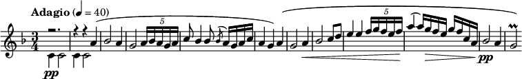 {
 \key d \minor \tempo "Adagio" 4=40 \time 3/4 \relative d'' {
<<
  \relative { r2.| r4 r4| a'4( bes2 a4| g2 \tuplet 5/4 { a16 [bes a g a]}| c8 bes4 bes8 \acciaccatura bes8 a16 g a c| a4 g4) a4\( g2 a4\< bes2 c8 d8| e4 e4 \tuplet 5/4 { f16 [g f e f]}| a4( \! a16) g\> f e g f c a| bes2\pp a4| g2\prall\)}
  \\
  \relative { c'4\pp c2| c4 c2 }
>>
 }
}