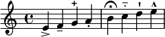 
  \relative c' {
  e-> f-- g-+ a-.
  b\fermata c-_ d-! e-^
  }
