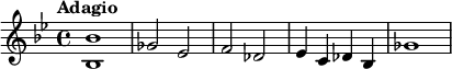 {   \time 4/4  \key bes \major \tempo "Adagio" \relative c' { <bes bes'>1 ges'2 es f2 des ees4 c4 des bes ges'1}   }