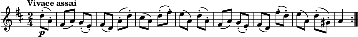 
\version "2.18.2"
\relative c'' {
  \key d \major
  \time 2/4
  \tempo "Vivace assai"
  \tempo 4 = 160
  \partial 4 d8-. \p (a-.) 
 fis (a ) g-. (e-.)
 fis (d) a'-. (d-.)
 cis (a ) d-. (fis-.)
 e (a,) d-. (a-.)
 fis (a) g-. (e-.)
 fis (d) fis'-. (d-.)
 e (a,) d-. (gis,-.)
 a4 \bar ":|."
}
