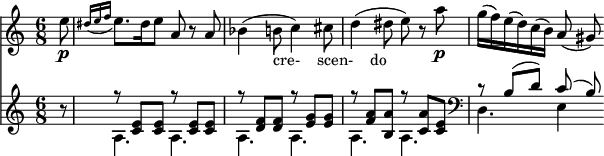 
<<
\relative a''
\new Staff {
\set Staff.midiInstrument = #"piano"
\key a \minor
\time 6/8
\set Score.tempoHideNote = ##t
\tempo 8 = 120
\partial 8
e8\p
\grace { dis16 [ (e16 f 16] }
e8.) dis16 e8 a, r a bes4 (b8_"cre-    scen-    do"
c4) cis8
d4 (dis8 e8) r8
a\p g16 (f) e (d) c (b) a8 (gis8)}
\new Staff {
\set Staff.midiInstrument = #"fortepiano"
\set Staff.midiMaximumVolume = #0.3
r8
 <<
      {
        \voiceOne
r8 <c' e'>8 <c' e'>8  r8 <c' e'>8 <c' e'>8  r8 <d' f'>8 <d' f'>8  r8 <e' g'>8 <e' g'>8  r8 <f' a'>8 <b a'>8 r8 <c' a'>8<c' e'>8 r b (d') c' (b)
      }
      \new Voice {
        \voiceTwo
a4. a a a
a a

\clef "bass"
d e4 
      }
    >>
    \oneVoice
}
>>
