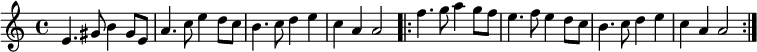 
 \relative c' {
 \time 4/4
 e4. gis8 b4 gis8 e8 a4. c8 e4 d8 c8 b4. c8 d4 e4 c4 a4 a2
 \repeat volta 2 {
 f'4. g8 a4 g8 f8 e4. f8 e4 d8 c8 b4. c8 d4 e4 c4 a4 a2 }
}
