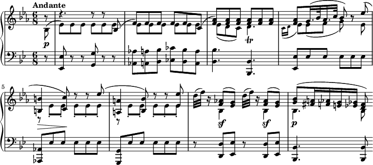 
    { \new PianoStaff <<
        \new Staff <<
            \set Staff.midiInstrument = "string ensemble 1"
            \clef treble
            \key es \major 
            \time 6/8 
            \tempo "Andante" \tempo 8 = 144
            \new Voice \relative c' {
                \stemUp \partial 8 r8
                r4. r8 r bes^(
                f')] f f] f[ f c^(]
                <f aes>)[ <f aes> <f aes>] <f aes>[ <f aes> <f aes>]
                <f aes>[  g16.^( bes32 aes16. c32] bes8) r es^( \break

                <b, b'>4_\> <c c'>8)\! r8 r es'^(
                <a,, a'>4 <bes bes'>8) r r <es es'>
                s <f aes!>^([ <es g>)] s <f aes>^([ <es g>)]
                <g bes>8^([ <fis a>16 <f aes> <e g> <es ges>] <d f>8)
            }
            \new voice \relative c' {
                \stemDown \partial 8 bes8(_\p
                es)[ es es] es[ es es]
                es[ es es] es[ es es]
                es_([ d c)] d4._\trill 
                \grace { \stemDown c16_( d } es8)[ es_( f] g) r es \break

                r es[_. es]_. es[_. es_. es]_.
                r es_.[ es_.] es_.[ es_. es_.]
                d'32^( f) r16 bes,,4_\sf d'32^( f) r16 bes,,4_\sf
                bes4._\p bes8
            }
        >>
        \new voice \new Staff <<
            \set Staff.midiInstrument = "string ensemble 1"
            \clef bass
            \key g \minor 
            \relative c, {
                \time 6/8
                \partial 8 r8
                <es es'> r r <g g'> r r
                <aes aes'>[ <a a'> <bes bes'>] <ces ces'>[ <bes bes'> <a a'>]
                <bes bes'>4. <bes, bes'>
                <es es'>8[ es' es] es[ es es] \break

                <aes,, aes'>[ es'' es] es[ es es]
                <g,, g'>[ es'' es] es[ es es]
                r <d, d'> <es es'> r <d d'> <es es'>
                <bes bes'>4. <bes bes'>8
            }
        >>
    >> }
