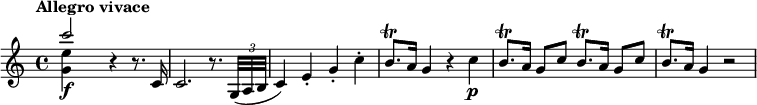 
\layout { \set Score.tempoHideNote = ##t }
\relative c''' { \set midiInstrument = "string ensemble 1"
  \tempo "Allegro vivace" \tempo 4 = 132
  <<
    { c2\f } \\
    { <e, g,>4 s }
  >>
  r4 r8. c,16 |
  c2. r8. \times 2/3 { g32( a b } |
  c4) e-. g-. c-. |
  b8.\trill a16 g4 r c\p |
  \repeat unfold 2 { b8.\trill a16 g8 c } |
  b8.\trill a16 g4 r2 |
}
