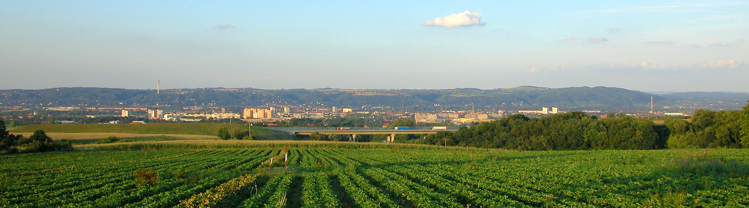 Blick von Südwesten (Gaustritz) über den Osten von Dresden mit dem Triebenberg im Hintergrund etwa 1/3 von rechts