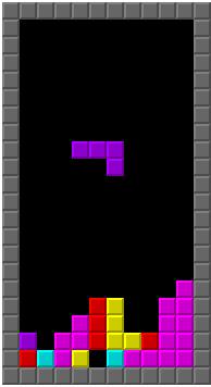 Capture d'écran du jeu Tetris, où le joueur doit réaliser des lignes complètes en déplaçant des pièces de formes différentes, qui défilent depuis le haut jusqu'au bas de l'écran.