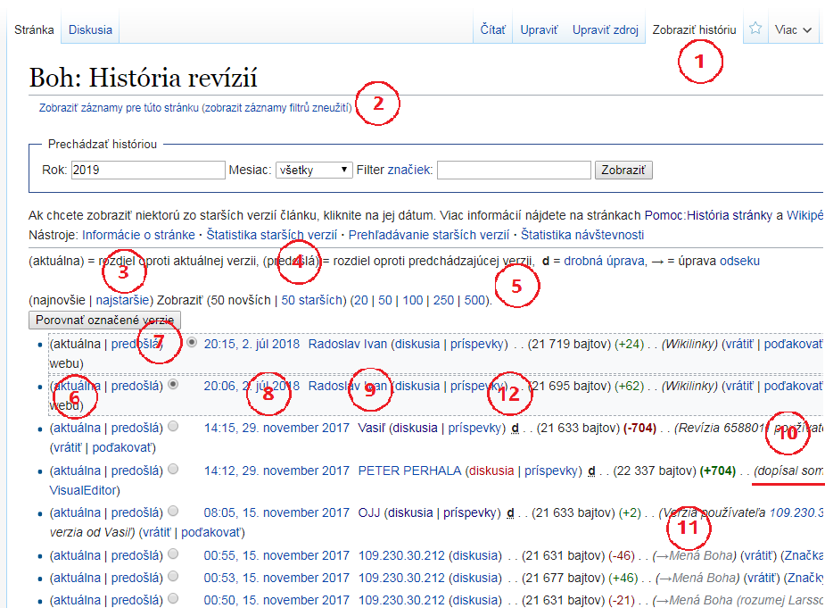 Snímka obrazovky histórie úprav s vyznačenými dôležitými prvkami