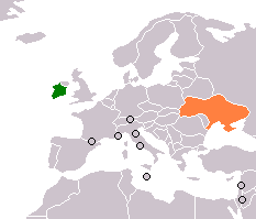 Map indicating locations of Ireland and Ukraine