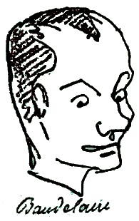 dessin au trait simplifié d'une tête, signé Baudelaire