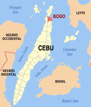 Mapa sa Sugbo nga nagapakita kon asa nahimutang ang Bogo, Sugbo.