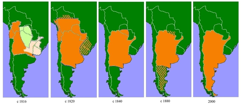 Evolució del territori argentí. La zona de color verd clar pertanyia als pobles indígenes, la zona de color rosa clar va ser la Lliga Federal, les zones eclosionades van canviar durant el període