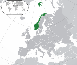 Location of Norway (dark green) in Europe (dark grey)  –  [Legend]