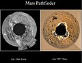 This set of images shows the Mars Pathfinder lander in a cleanroom at JPL in 1996 on the left, and on Mars in 1997 (see PIA01238). Mars Pathfinder is the second in NASA's Discovery program of low-cost spacecraft with highly focused science goals. The Jet Propulsion Laboratory, Pasadena, CA, developed and manages the Mars Pathfinder mission for NASA's Office of Space Science, Washington, D.C. JPL is an operating division of the California Institute of Technology (Caltech). The IMP was developed by the University of Arizona Lunar and Planetary Laboratory under contract to JPL. Peter Smith is the Principal investigator.