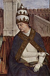 Papst Pius II. dargestellt in einem Fresko von Pinturicchio (1507), „Piccolomini-Bibliothek“ in Siena.