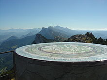 Table d'orientation circulaire et enfilade de crêtes en arrière-plan.