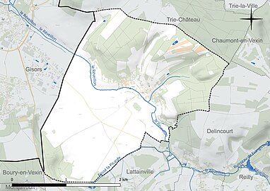 Carte en couleur présentant le réseau hydrographique de la commune