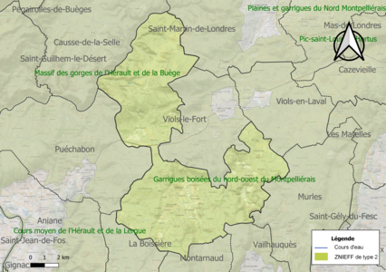 Carte des ZNIEFF de type 2 sur la commune.