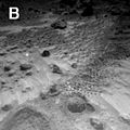 Sojourner Rover image of rounded 4-cm-wide pebble (lower center) and excavation of cloddy deposit of Cabbage Patch at lower left. Note the bright wind tails of drift material extending from small rocks and the wheel track from upper right to lower left. Well-rounded objects, like the one in this image, were not seen at the Viking sites. These are thought to be pebbles liberated from sedimentary rocks composed of cemented silts, sands and rounded fragments; such rocks are called conglomerates. NOTE: original caption as published in Science Magazine Mars Pathfinder is the second in NASA's Discovery program of low-cost spacecraft with highly focused science goals. The Jet Propulsion Laboratory, Pasadena, CA, developed and manages the Mars Pathfinder mission for NASA's Office of Space Science, Washington, D.C. JPL is a division of the California Institute of Technology (Caltech).