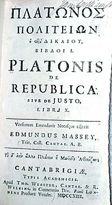 Platonin Valtion latinankielisen painoksen kansilehti vuodelta 1713.