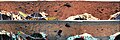 Each of these panoramic views is a controlled mosaic of approximately 300 IMP images covering 360 degrees of azimuth and elevations from approximately 4 degrees above the horizon to 45 degrees below it. Simultaneous adjustment of orientations of all images has been performed to minimize discontinuities between images. Mosaics have been highpass-filtered and contrast-enhanced to improve discrimination of details without distorting relative colors overall. TOP IMAGE: Enhanced true-color image created from the "Gallery Pan" sequence, acquired on sols 8-10 so that local solar time increases nearly continuously from about 10:00 at the right edge to about 12:00 at the left. Mosaics of images obtained by the right camera through 670 nm, 530 nm, and 440 nm filters were used as red, green and blue channels. Grid ticks indicate azimuth clockwise from north in 30 degree increments and elevation in 15 degree increments. BOTTOM IMAGE: Anaglyphic stereoimage created from the "monster pan" sequence, acquired in four sections between about 8:30 and 15:00 local solar time on sol 3. Mosaics of images obtained through the 670 nm filter (left camera) and 530 and 440 nm filters (right camera) were used where available. At the top and bottom, left- and right-camera 670 nm images were used. Part of the northern horizon was not imaged because of the tilt of the lander. This image may be viewed stereoscopically through glasses with a red filter for the left eye and a cyan filter for the right eye. NOTE: original caption as published in Science Magazine Mars Pathfinder is the second in NASA's Discovery program of low-cost spacecraft with highly focused science goals. The Jet Propulsion Laboratory, Pasadena, CA, developed and manages the Mars Pathfinder mission for NASA's Office of Space Science, Washington, D.C. JPL is a division of the California Institute of Technology (Caltech).