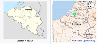 A static locator map of Antwerp as seen on English Wikipedia today (left) is compared with a dynamic mapframe map (the green marker is optional).