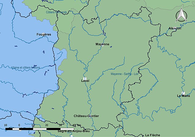 La Mayenne est découpée en trois sous-bassins : « Mayenne-Sarthe-Loire », « Vilaine et côtiers bretons » et « Côtiers normands ».