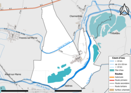 Carte en couleur présentant le réseau hydrographique de la commune