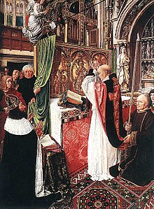 Misa de san Gil, Londres, mostrando la Abadía de Saint-Denis, con Carlos Martel o Carlomagno.