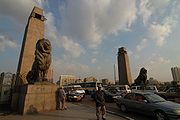 View of eastern bridge end with obelisks and lions, circa 2000s