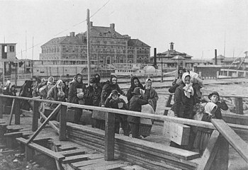 Immigrants arriving at Ellis Island in New York City, principal gateway to the United States in the late 19th and early 20th centuries. From 1890 to 1921, almost 19 million people entered the United States as immigrants.