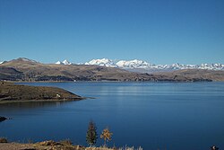 The Cordillera Real as seen from Lake Titicaca with Chachakumani and Ch'iyar Juqhu of the Guanay Municipality in the center