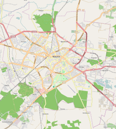 Mapa konturowa Białegostoku, blisko centrum na dole znajduje się punkt z opisem „Krywlany”