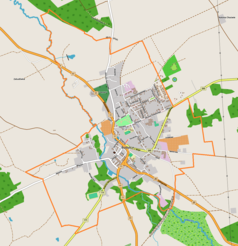 Mapa konturowa Bobolic, w centrum znajduje się punkt z opisem „Muzeum Regionalne w Bobolicach”