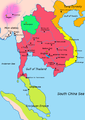 Image 54Map of South-east Asia c. 900 CE, showing the Khmer Empire in red, Champa in yellow and Haripunjaya in light green, plus additional surrounding states (from History of Cambodia)