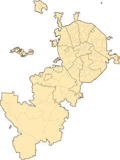 Mapa konturowa Moskwy, blisko górnej krawiędzi nieco na lewo znajduje się punkt z opisem „Zielenograd”