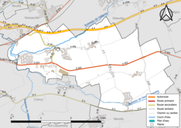 Carte en couleur présentant le réseau hydrographique de la commune