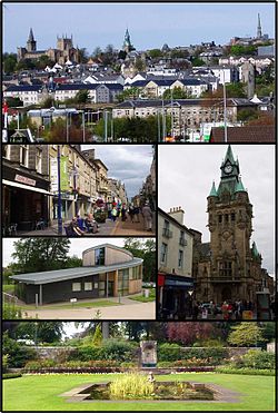 Topo: horizonte da cidade. Médio esquerdo: Rua Principal de Dunfermline. Médio direito: Câmaras da Cidade. Parte inferior esquerda: Carnegie Trust HQ Building, Pittencrieff Park. Inferior: jardim italiano, Pittencrieff Park.