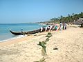 Fishermen and bystanders bringing a fishing boat ashore on Kovalam (Lighthouse) Beach (May 2002)