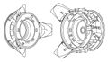 Figure 1-22. APAS-75 docking unit. Unlike previous docking systems, both units could assume the active or passive roles as required. For docking, the spade-shaped guides of the extended active unit (right) and the retracted passive unit (left) interacted for gross alignment. The ring holding the guides shifted to align the active unit latches with the passive unit catches. After these caught, shock absorbers dissipated residual impact energy in the American unit; mechanical attenuators served the same function on the the Soviet side. The active unit then retracted to bring the docking collars together. Guides and sockets in the docking collars completed alignment. Four spring push rods drove the spacecraft apart at undocking. The passive craft could play a modified active role in undocking if the active craft could not complete the standard undocking procedure. Pyrotechnic bolts provided backup.