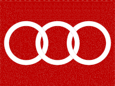 Three interlocked identical white rings on a solid red background